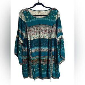 Umgee Teal Patterned Boho Tunic Dress